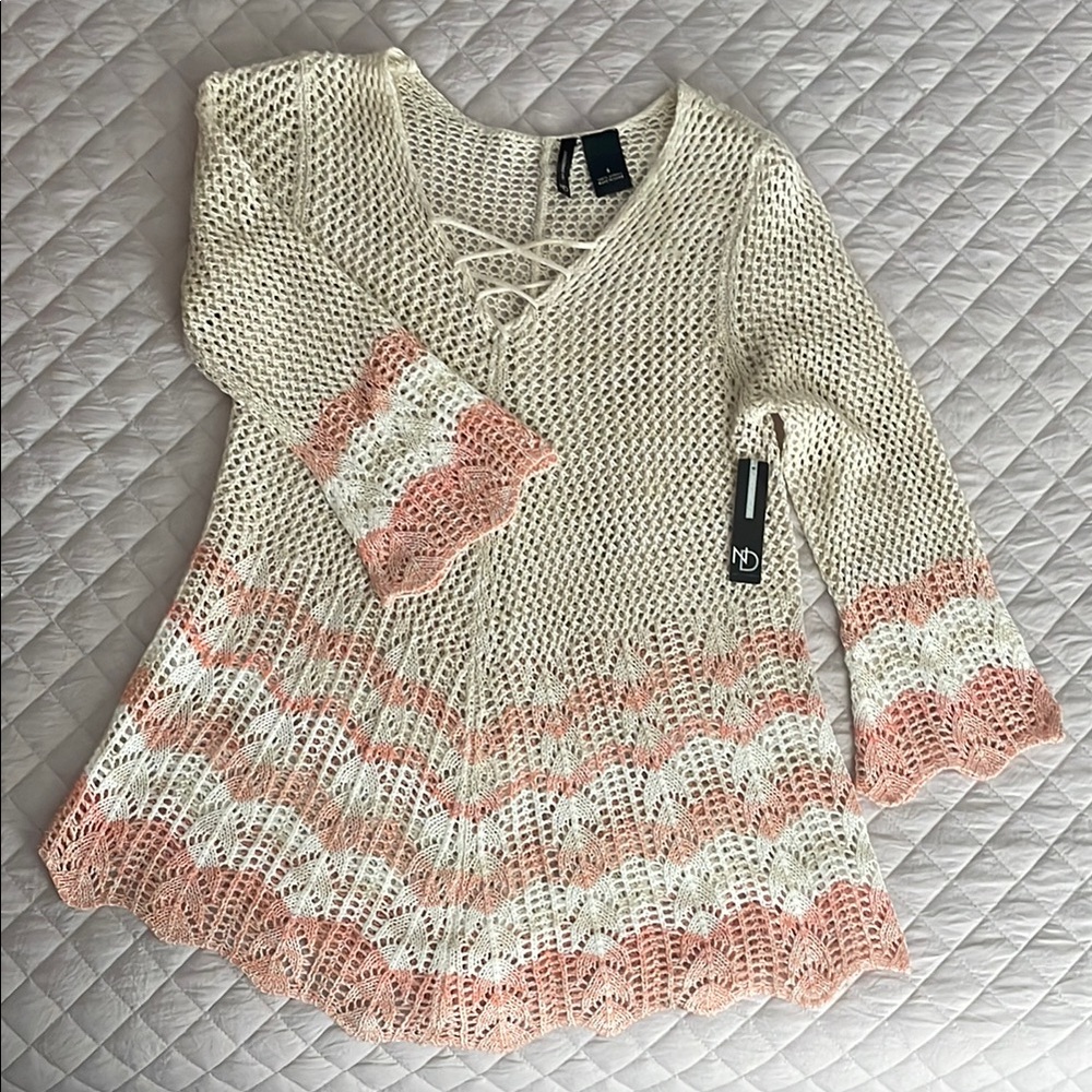 New Directions Cream and Pink V-Neck Sweater